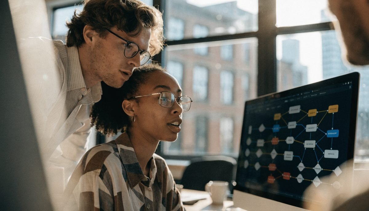Two diverse marketing professionals collaborating around a large monitor showing an AI workflow automation diagram in a modern Toronto office
