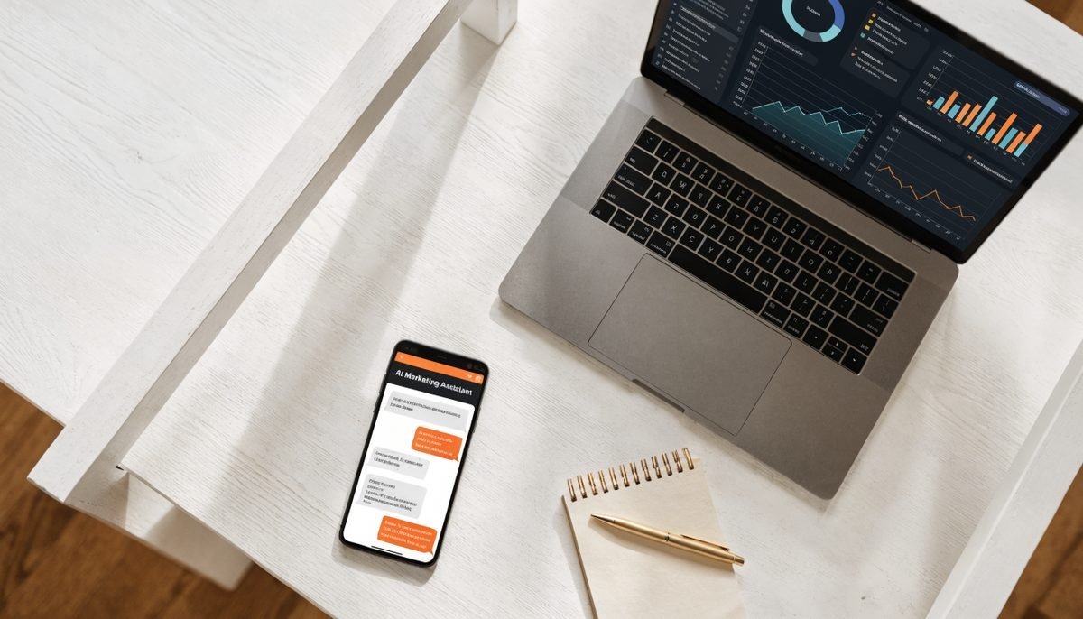 Clean overhead view of a smartphone and laptop on a white wooden desk showing AI marketing assistant interfaces and analytics dashboards
