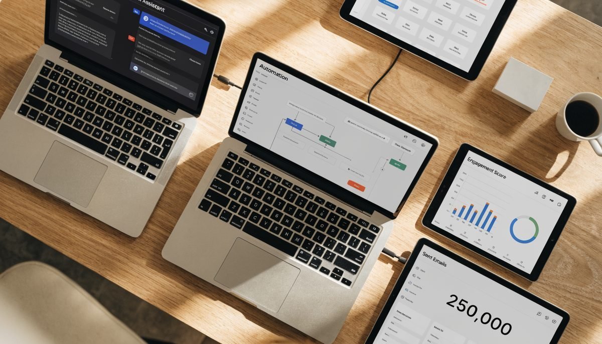 Minimalist workspace showing multiple analytics dashboards, marketing attribution tools, and first-party data flows on laptops and tablets