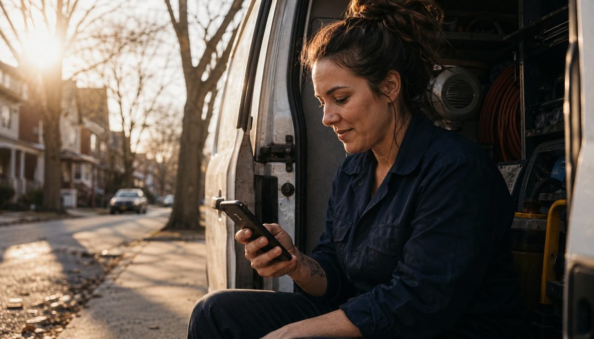 Toronto HVAC technician receiving a Google Local Services Ads lead call on her phone beside her service van