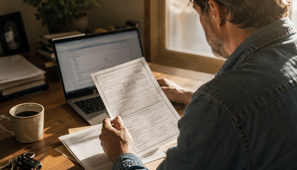 Contractor comparing a liability insurance certificate against the Google Local Services Ads verification form on a laptop