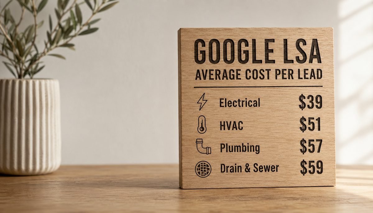 Google Local Services Ads average cost per lead by trade in Toronto — electrical $39, HVAC $51, plumbing $57, drain and sewer $59