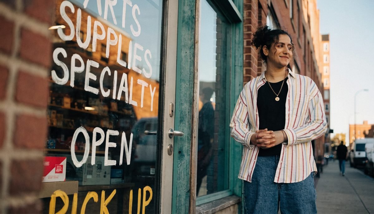 Toronto small business owner standing confidently outside their neighbourhood storefront on a sunny afternoon