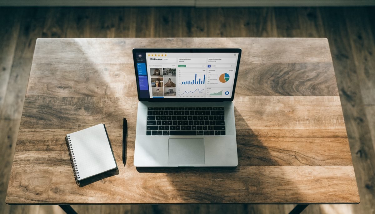 Overhead view of a laptop displaying a Google Business Profile dashboard with star ratings, review counts and analytics charts on a clean wooden desk