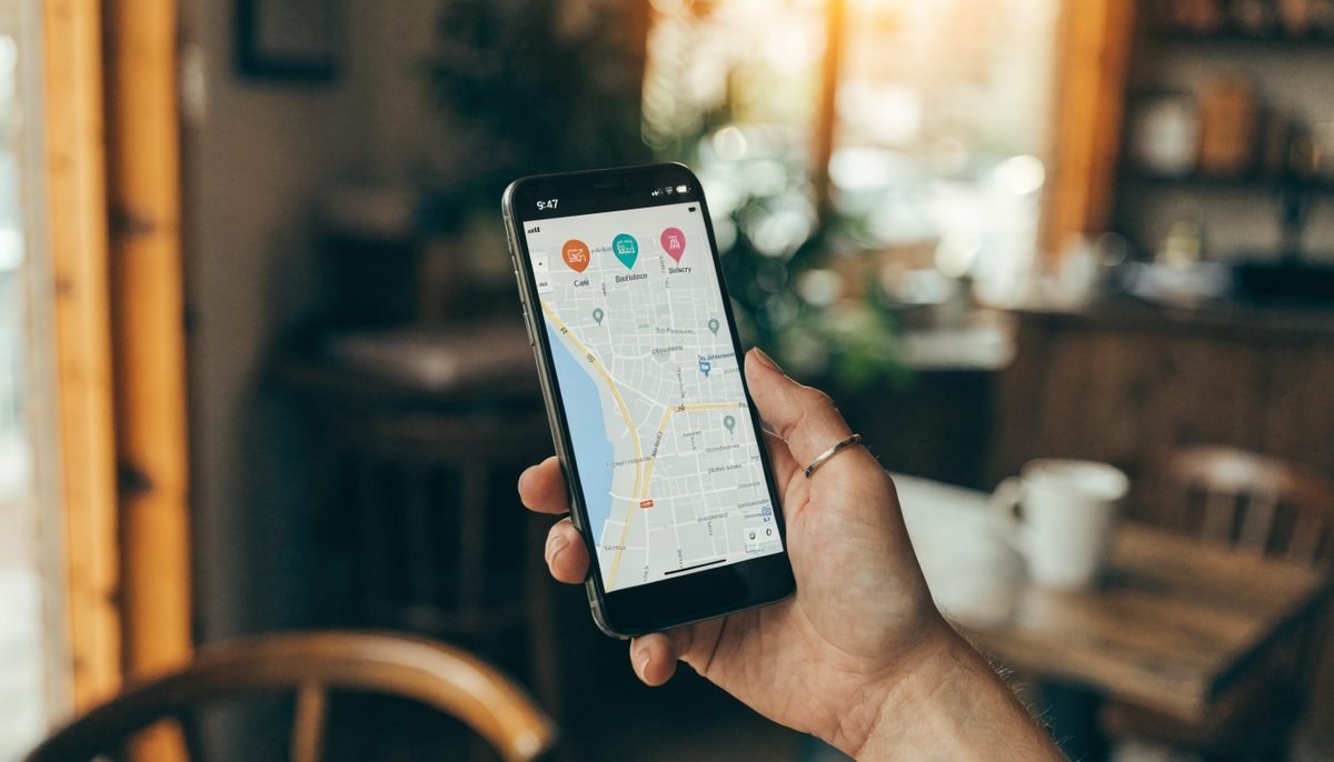 Close-up of a hand holding a smartphone displaying a Toronto maps app with the top-3 local business results highlighted