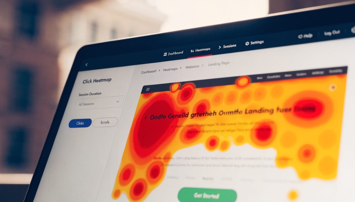 Close-up of a laptop screen showing a colorful heatmap visualization with click hotspots overlaid on a landing page mockup