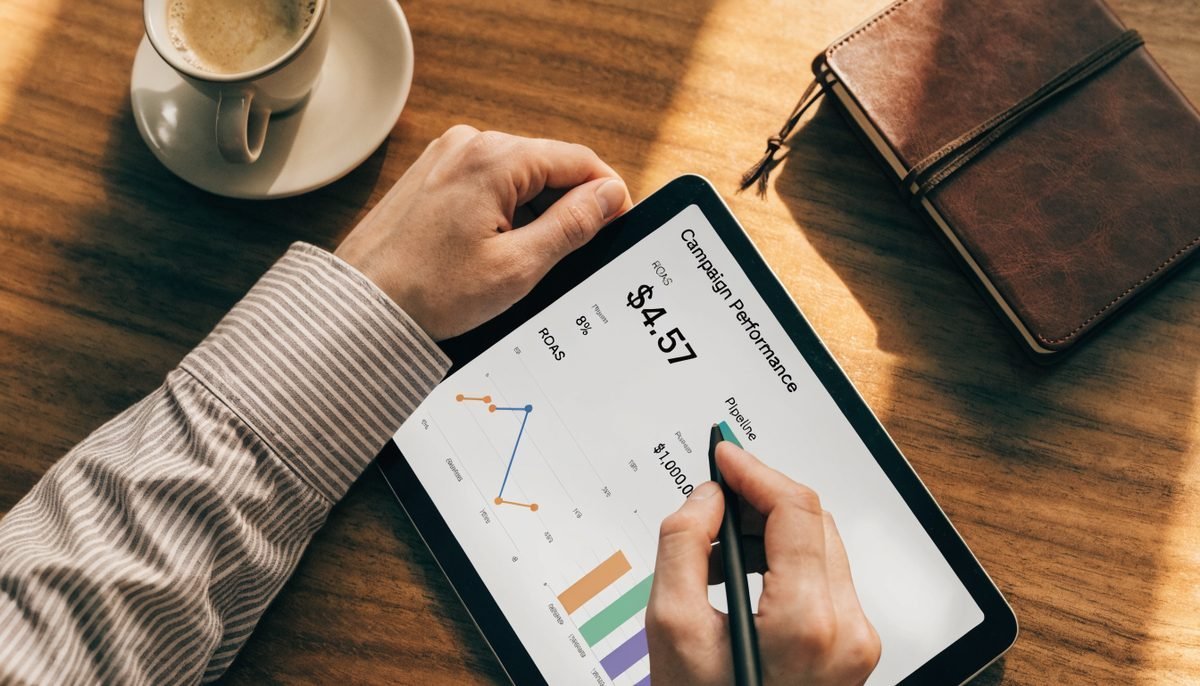 Close-up overhead view of a marketer reviewing a B2B campaign performance dashboard on a tablet with ROAS and pipeline metrics visible