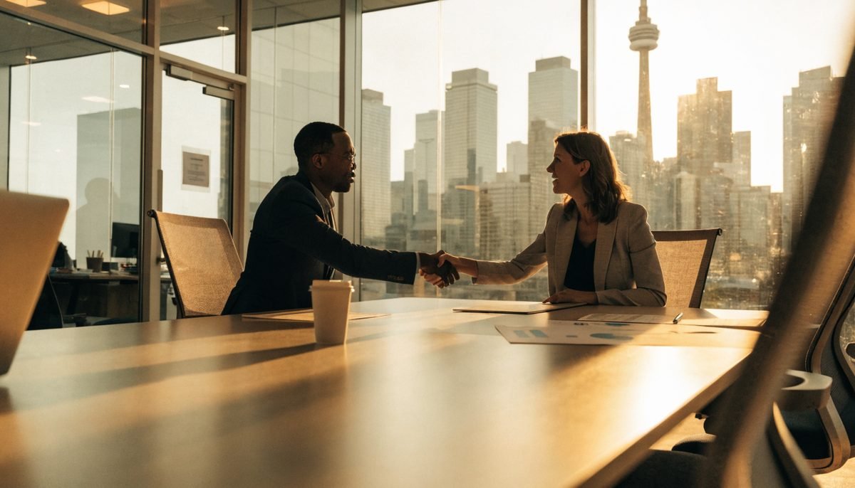 Two diverse business professionals shaking hands at the end of a productive B2B sales meeting in a modern Toronto boardroom