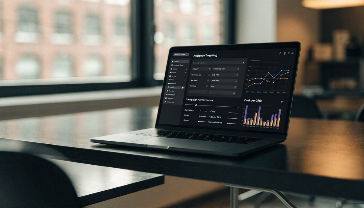 Modern laptop displaying a professional B2B advertising platform dashboard with audience targeting filters and campaign performance metrics