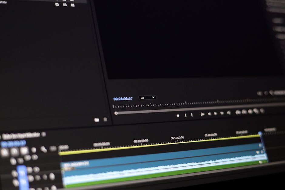 Video editing timeline with burned-in captions and waveform