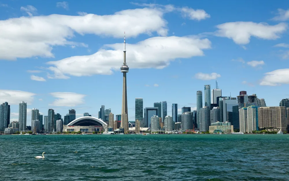 The Toronto skyline and CN Tower seen from the lake on a clear day