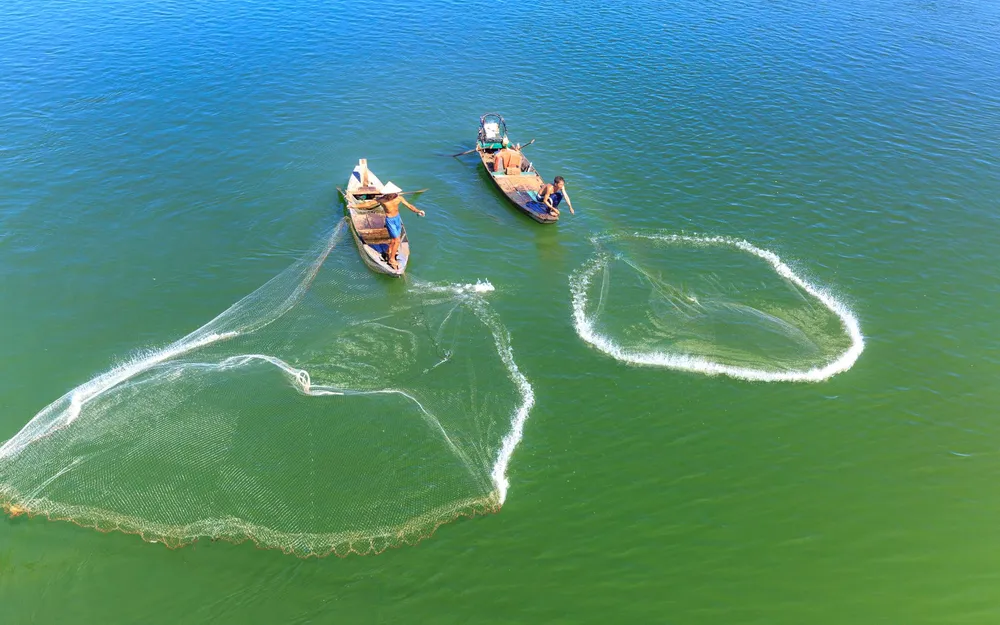Aerial view of two fishing boats casting wide nets on bright green water