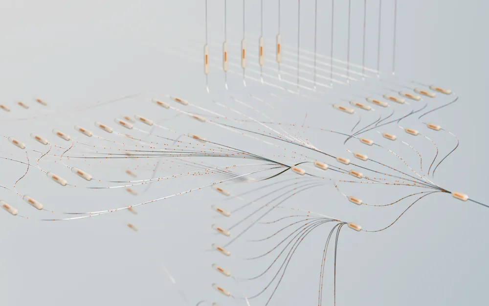 A fine three-dimensional network of branching lines on a pale background