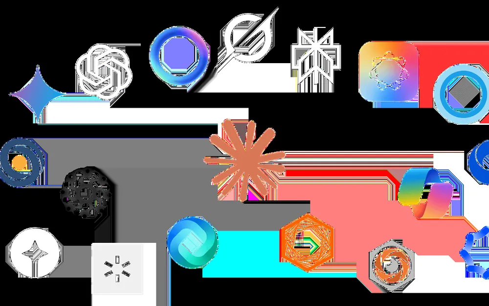 A dark collage of AI assistant and search engine app icons