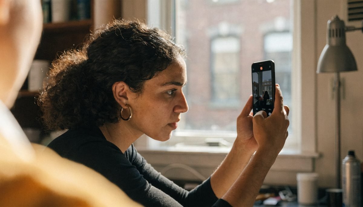 A Toronto service business professional holding a smartphone vertically filming a behind-the-scenes short video in their workspace