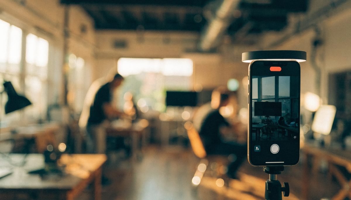 Modern smartphone on a small ring-lit tripod recording a behind-the-scenes service business video in a Toronto workspace