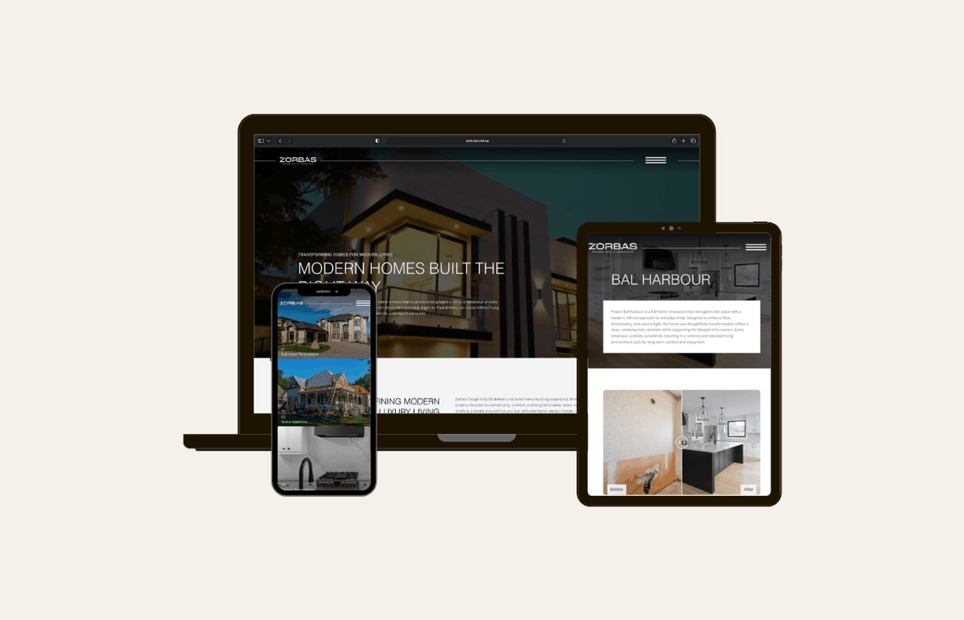 Zorbas Design & Build website redesign by Creative Scope shown on laptop, tablet and phone