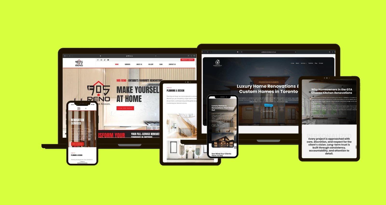 Two Creative Scope client website mockups on laptop, tablet and phone — 905 Reno and Goldenstone Developments — on a lime background