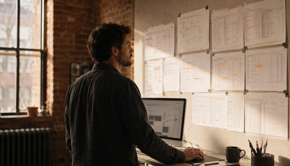 Web designer auditing printed URL maps and crawl exports on a studio wall before a website redesign migration