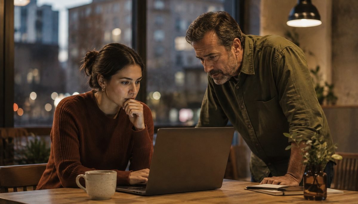 Two colleagues monitoring search traffic on a laptop after a website redesign launch