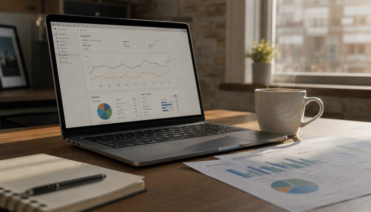 Website analytics dashboard on a laptop showing search traffic trends beside printed performance reports — the baseline data to export before a website redesign
