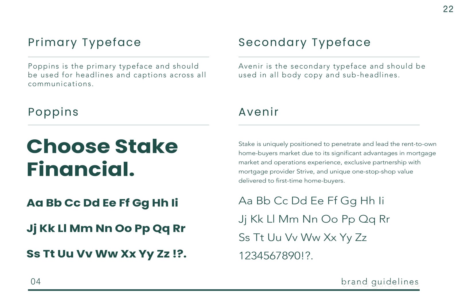 Stake Financial — primary and secondary typeface specimen pages