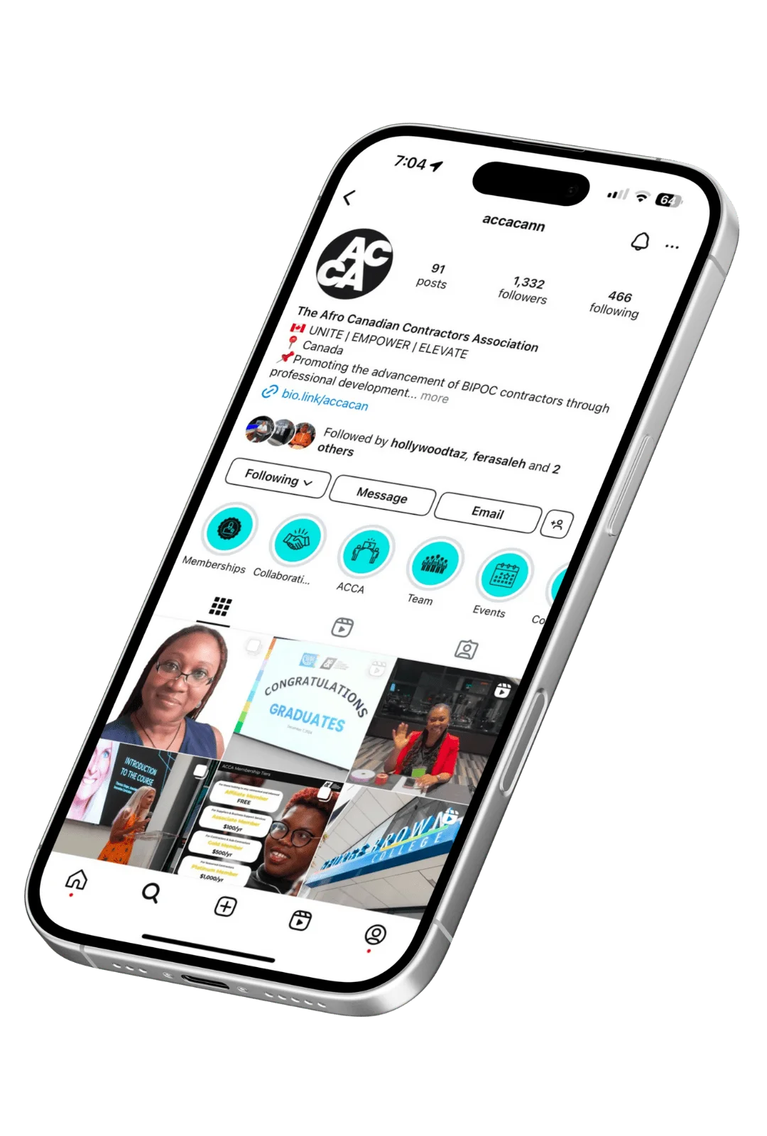 ACCA Instagram phone mockup showing program content