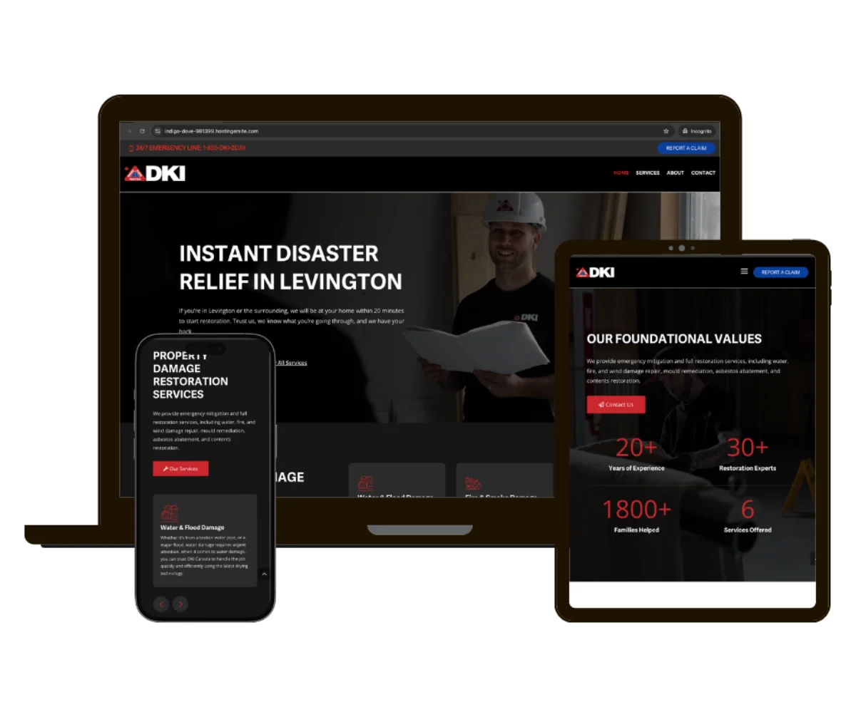 DKI member template 02 — dark emergency-led layout shown on laptop, tablet and phone
