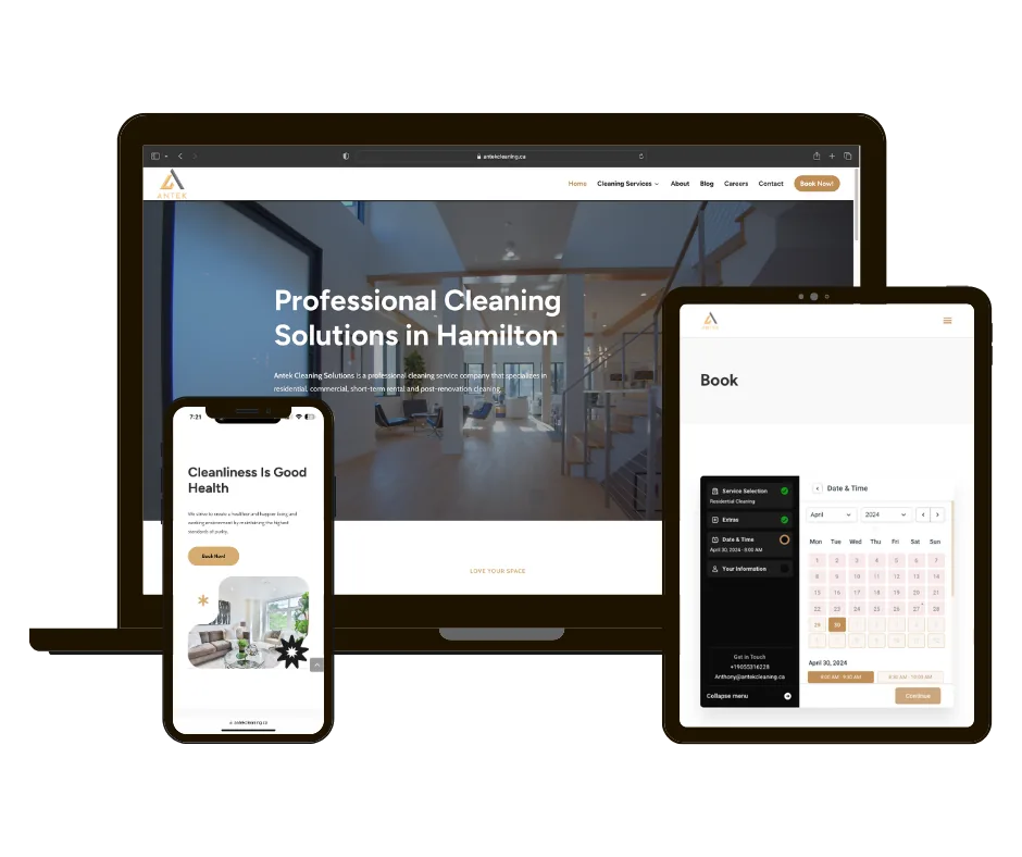 Antek Cleaning website on laptop, tablet and phone