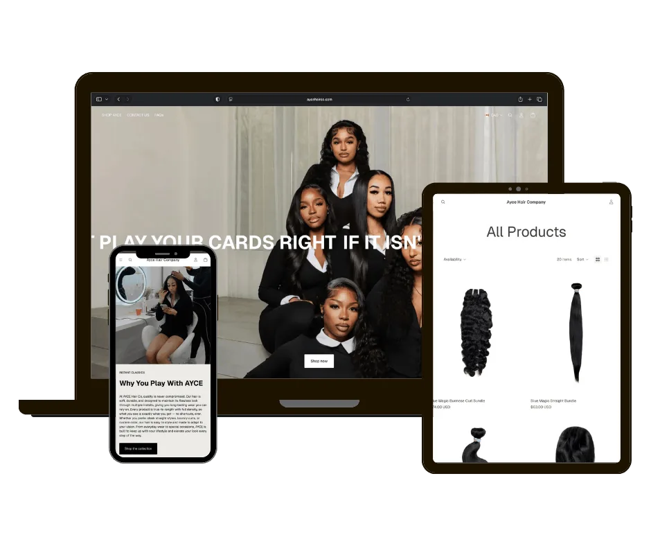 Ayce Hair Co website on laptop, tablet and phone