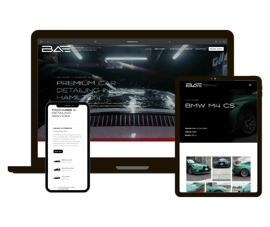Bespoke Auto Elite website on laptop, tablet and phone
