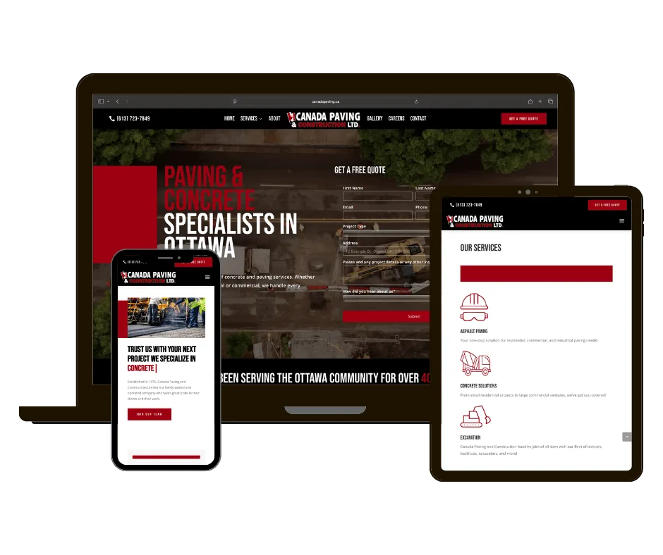 Canada Paving website on laptop, tablet and phone