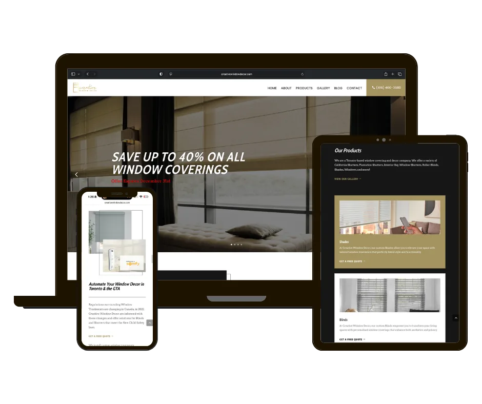 Creative Window Decor website on laptop, tablet and phone