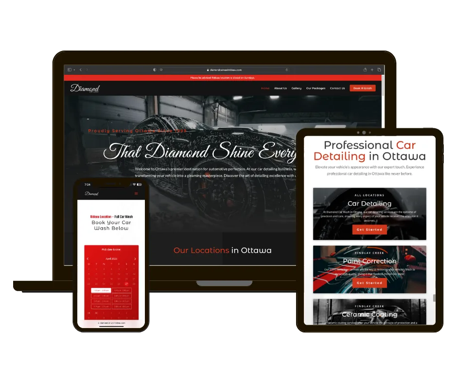 Diamond Car Wash website on laptop, tablet and phone