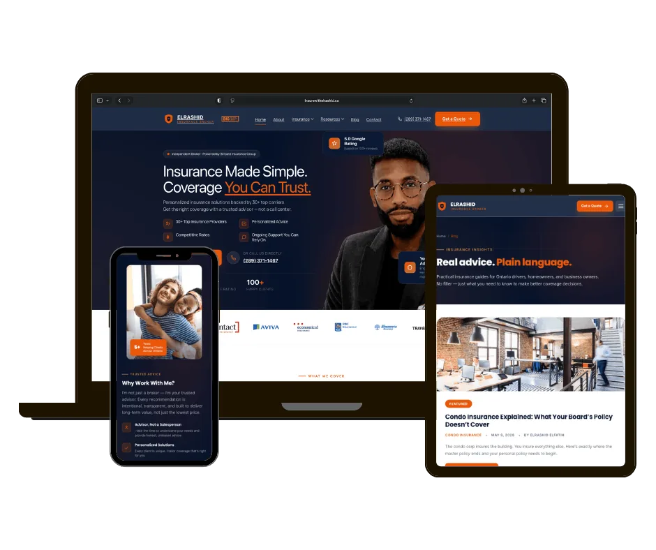 Elrashid Insurance website on laptop, tablet and phone