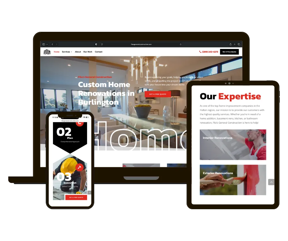 Fila's General Construction website on laptop, tablet and phone
