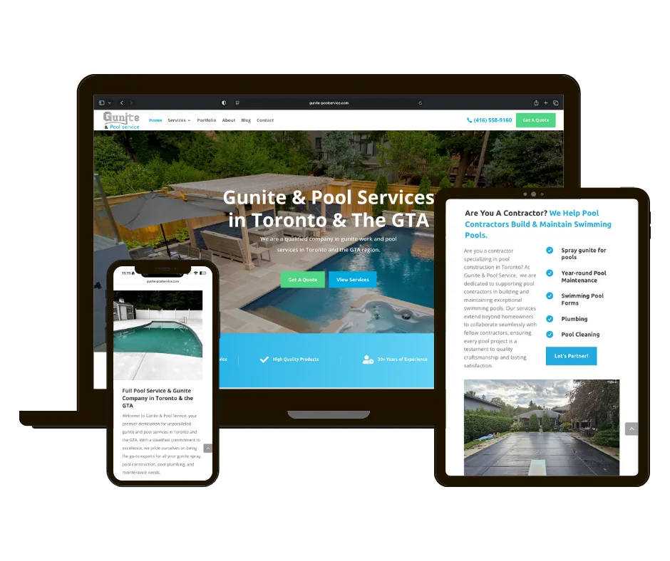 Gunite & Pool Service website on laptop, tablet and phone