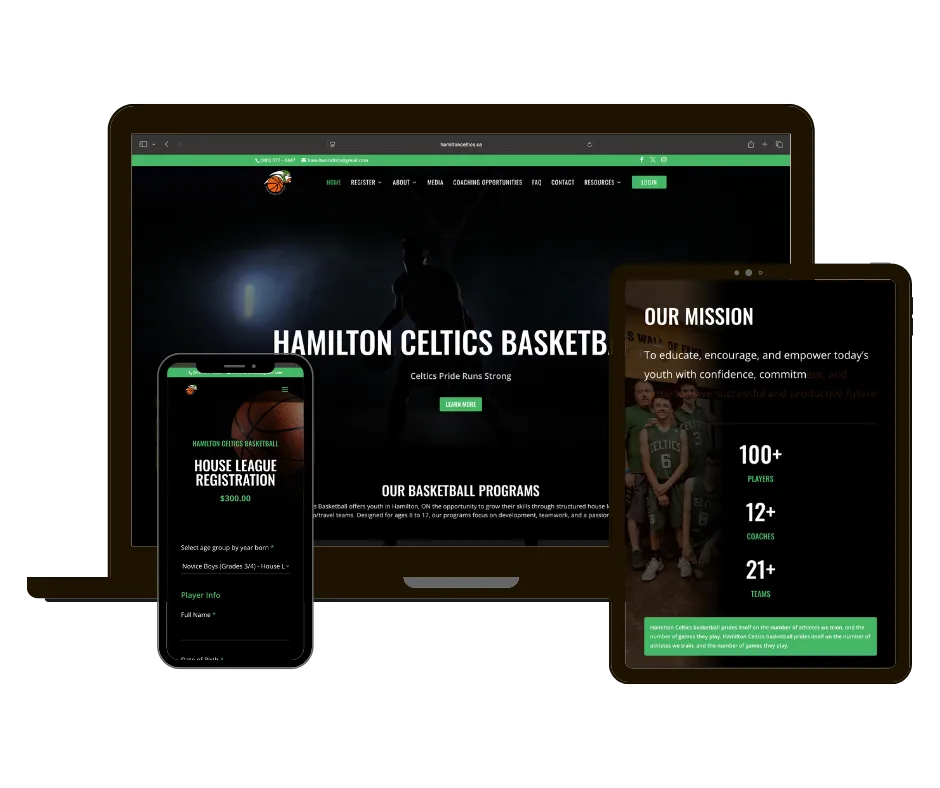 Hamilton Celtics website on laptop, tablet and phone
