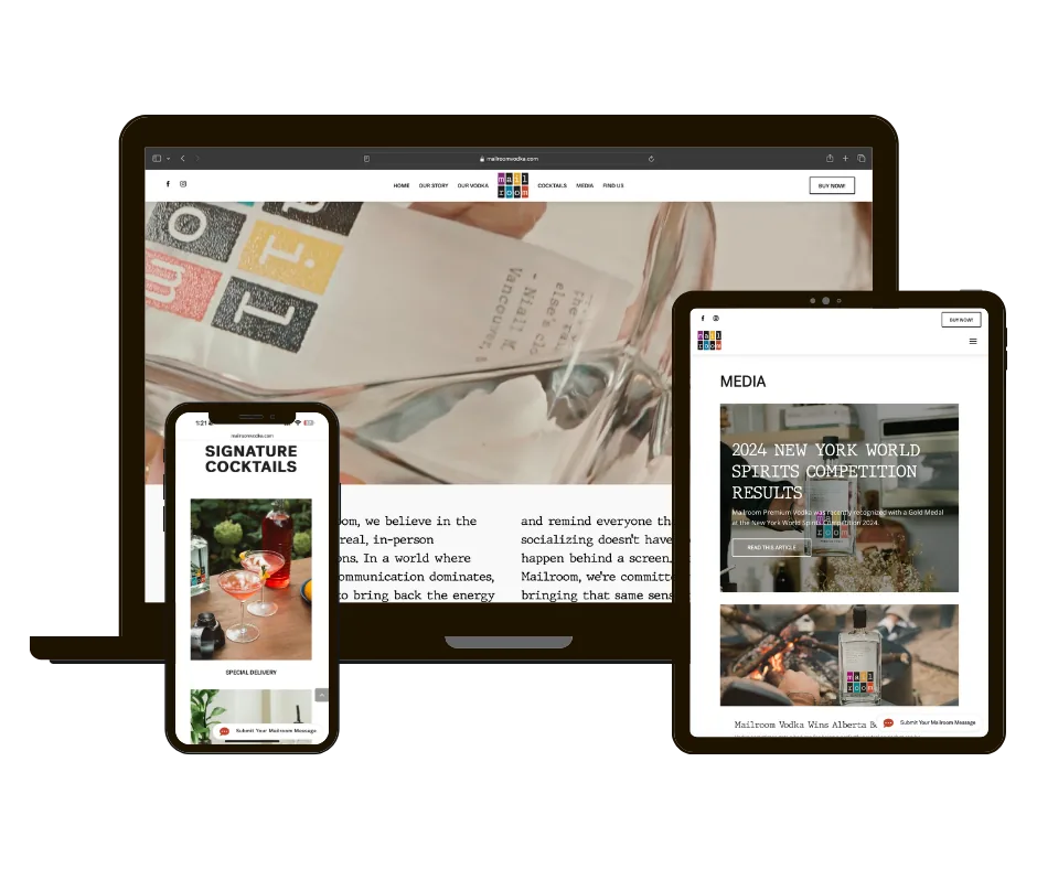 Mailroom Vodka website on laptop, tablet and phone