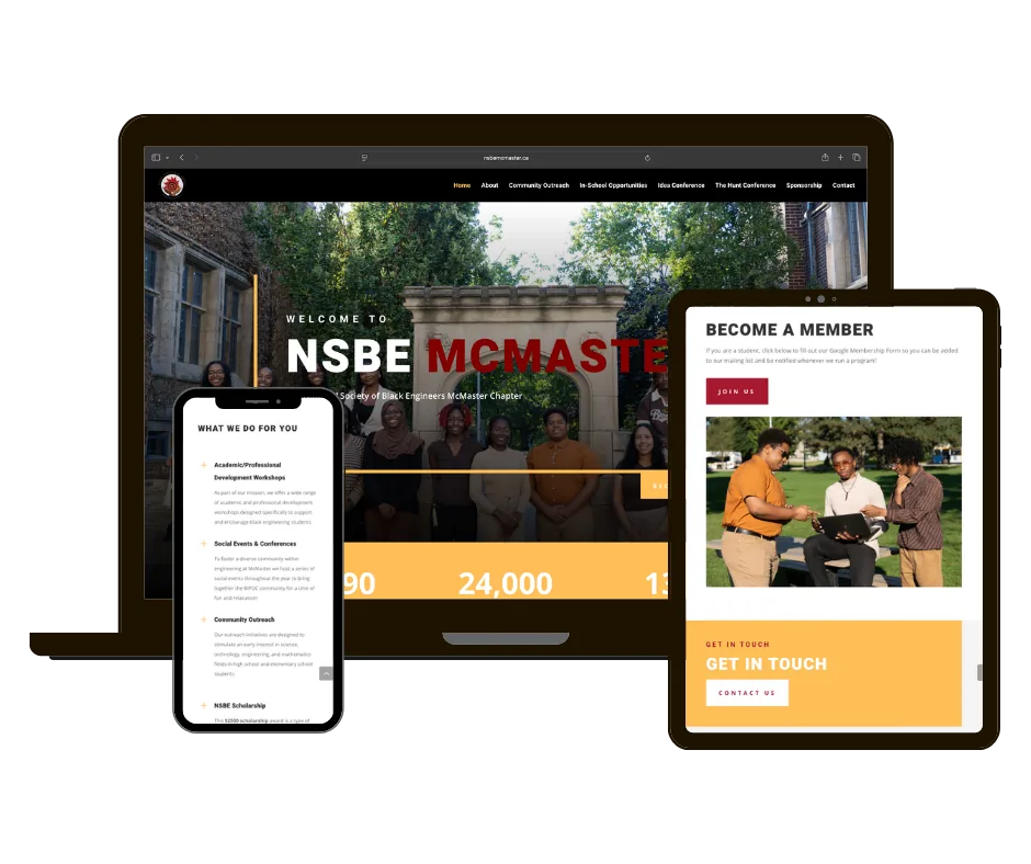 NSBE McMaster website on laptop, tablet and phone