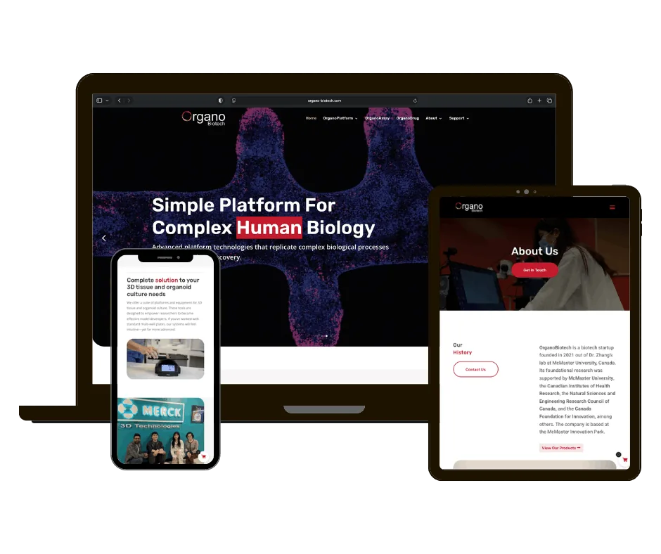 OrganoBiotech website on laptop, tablet and phone