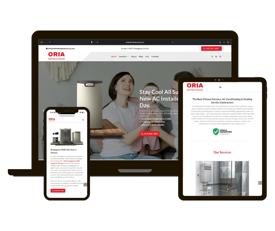 Oria Heating & Cooling website on laptop, tablet and phone