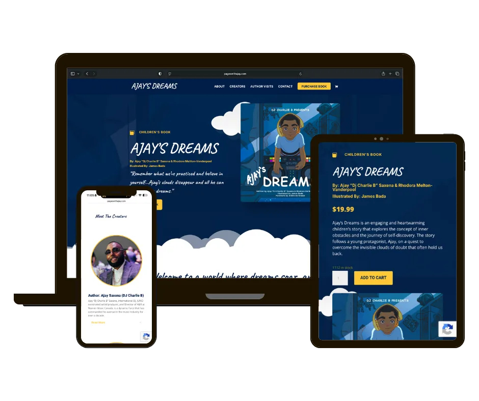 Ajay's Dreams website on laptop, tablet and phone