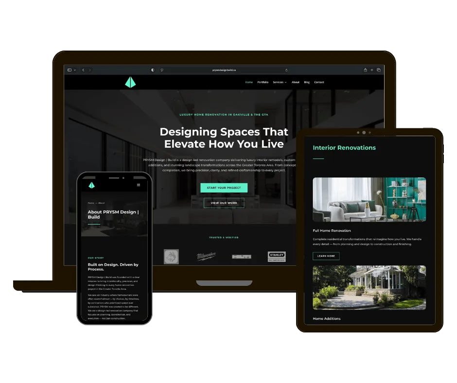 PRYSM Design | Build website on laptop, tablet and phone