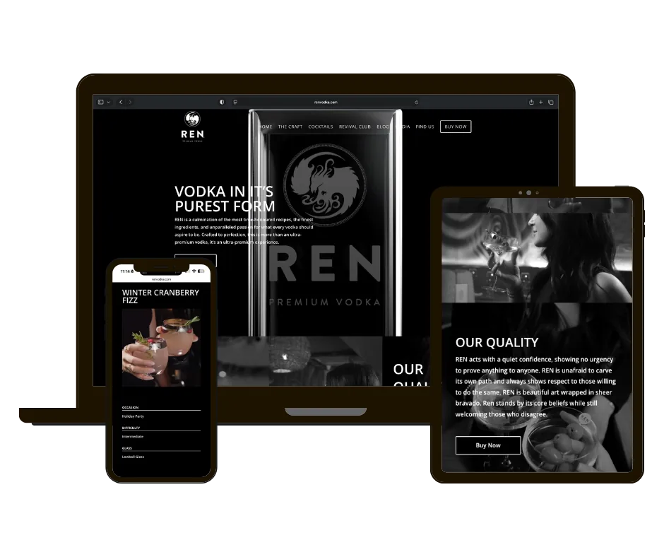 Ren Vodka website on laptop, tablet and phone