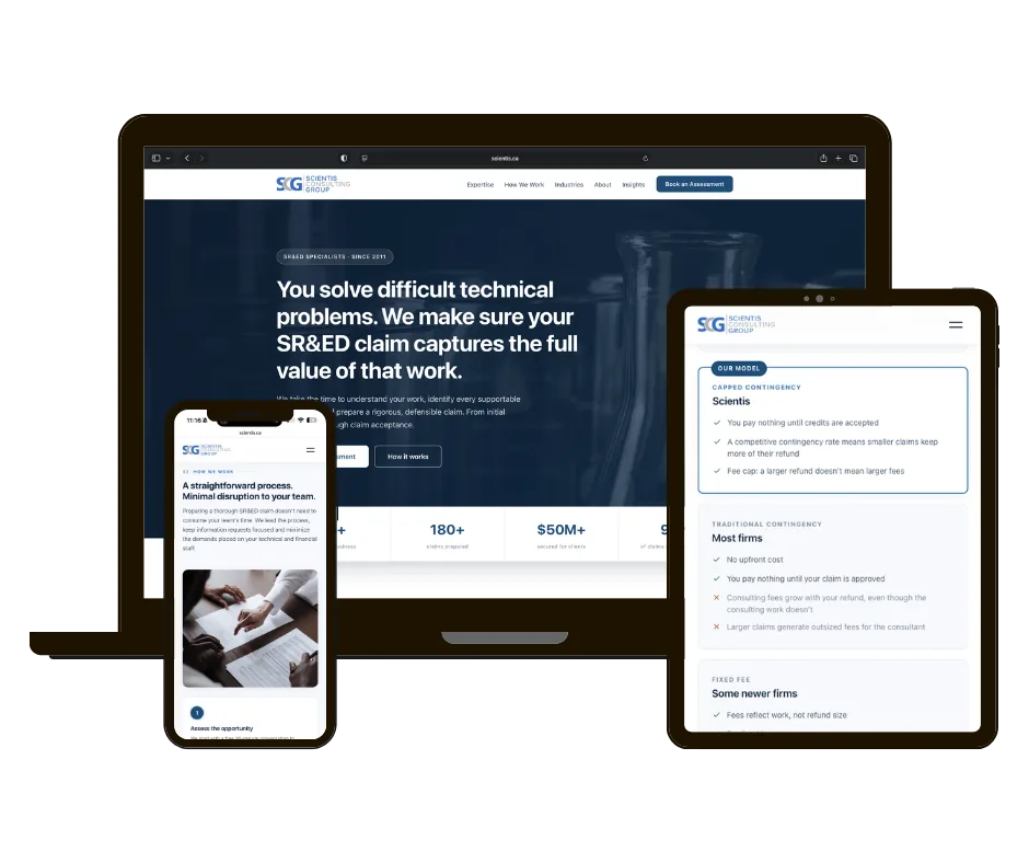 Scientis Consulting Group website on laptop, tablet and phone