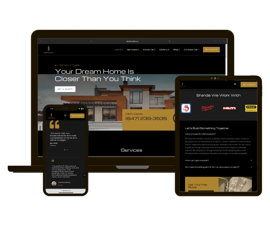SJ Renovators website on laptop, tablet and phone