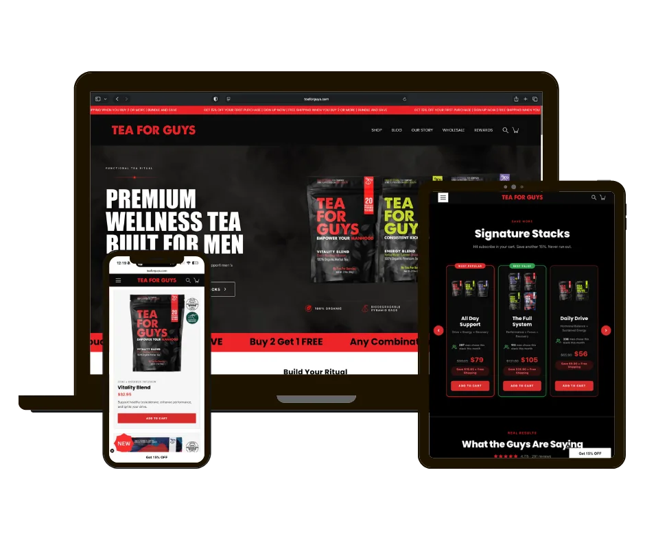 Tea For Guys website on laptop, tablet and phone