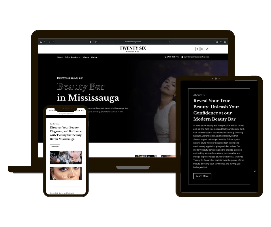 Twenty Six Beauty Bar website on laptop, tablet and phone