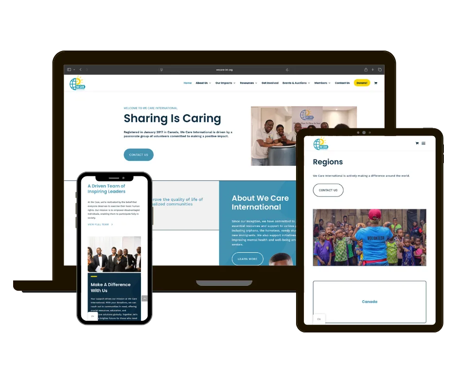 We Care Intl website on laptop, tablet and phone